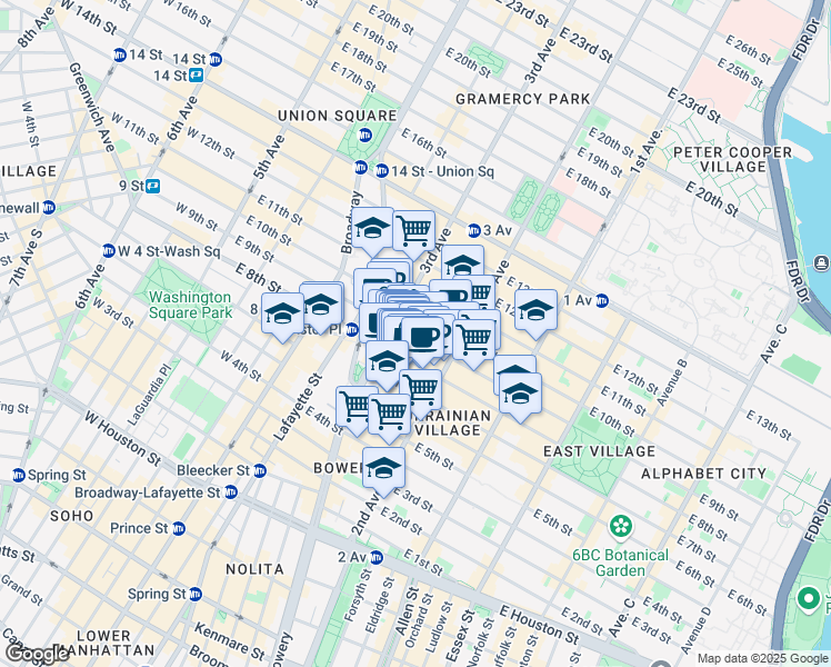 map of restaurants, bars, coffee shops, grocery stores, and more near Stuyvesant Street in New York