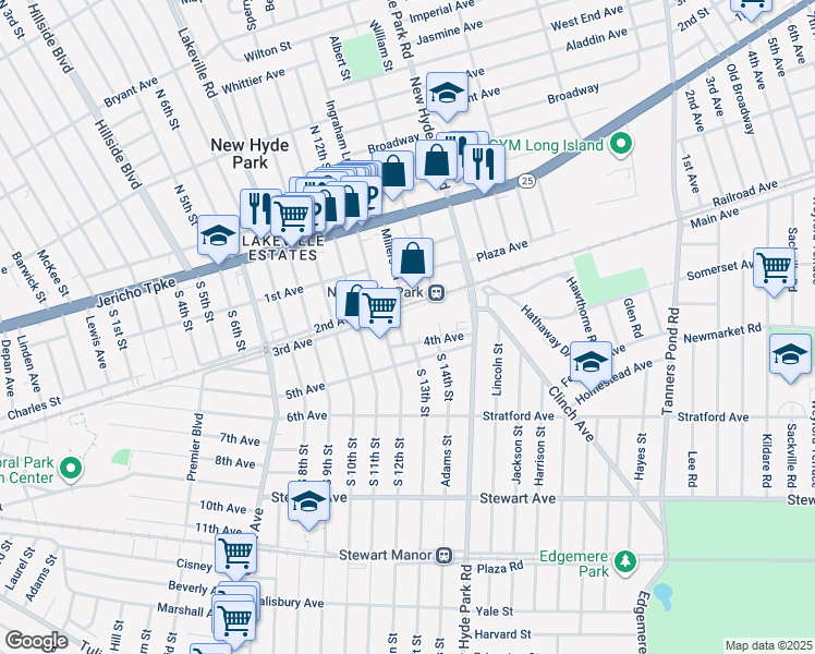 map of restaurants, bars, coffee shops, grocery stores, and more near 1301 4th Avenue in New Hyde Park