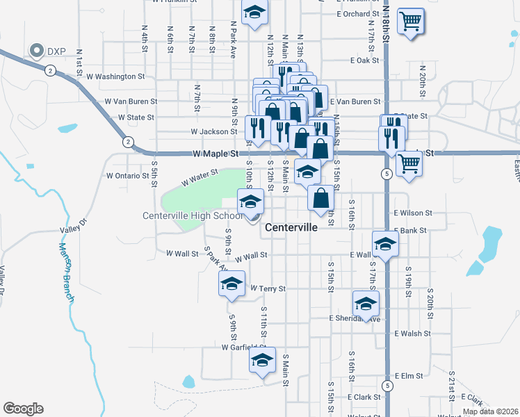 map of restaurants, bars, coffee shops, grocery stores, and more near 501 High Street in Centerville