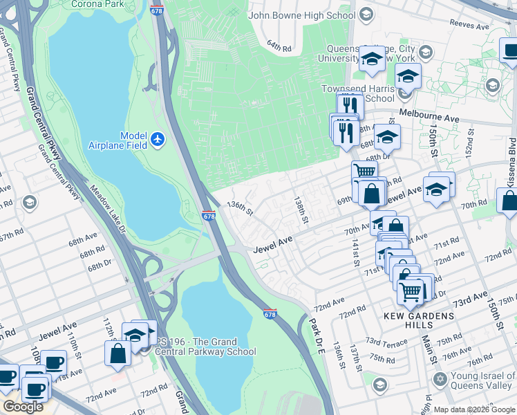 map of restaurants, bars, coffee shops, grocery stores, and more near 68-61 136th Street in Queens