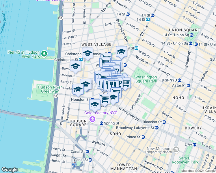 map of restaurants, bars, coffee shops, grocery stores, and more near 34 Carmine Street in New York