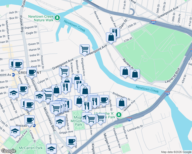 map of restaurants, bars, coffee shops, grocery stores, and more near 360 Kingsland Avenue in Brooklyn