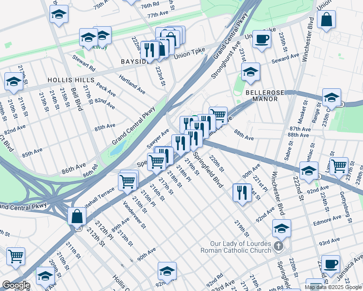 map of restaurants, bars, coffee shops, grocery stores, and more near 218-37 Hillside Avenue in Queens