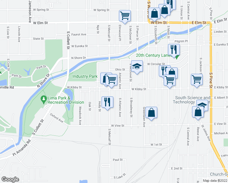 map of restaurants, bars, coffee shops, grocery stores, and more near 521 West Kibby Street in Lima