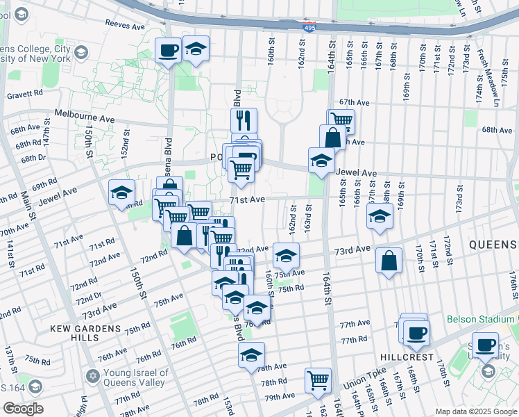 map of restaurants, bars, coffee shops, grocery stores, and more near 71-27 Park Avenue in Queens