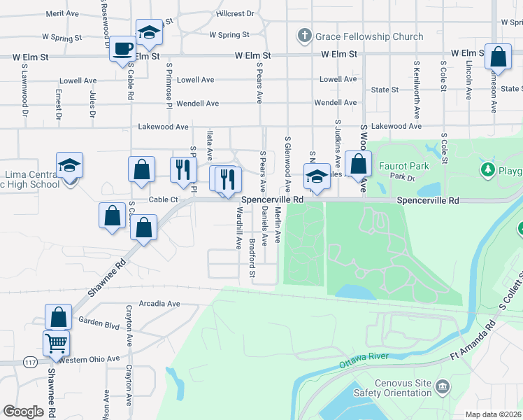 map of restaurants, bars, coffee shops, grocery stores, and more near 950 Bradford Street in Lima