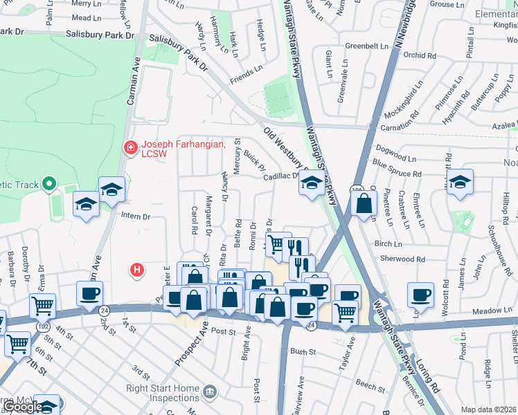map of restaurants, bars, coffee shops, grocery stores, and more near 2391 Peg Lane in East Meadow