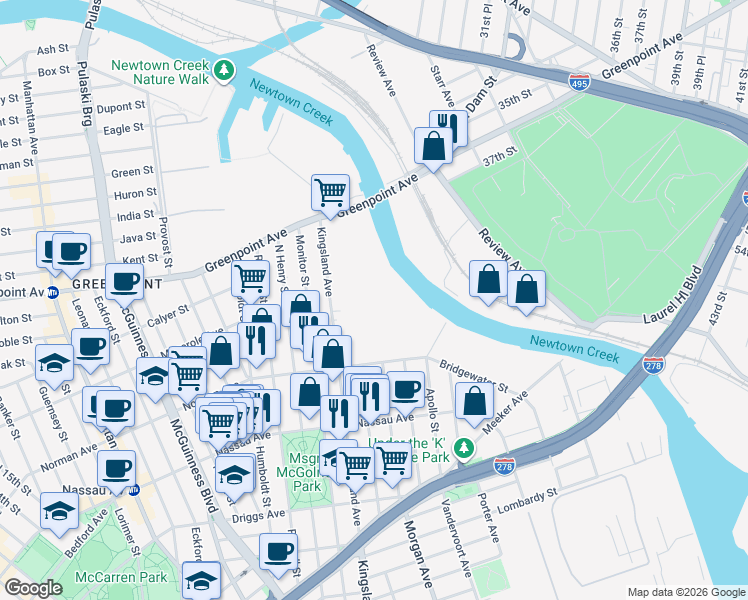 map of restaurants, bars, coffee shops, grocery stores, and more near 360 Kingsland Avenue in Brooklyn