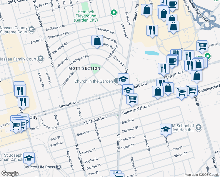 map of restaurants, bars, coffee shops, grocery stores, and more near 101 Wetherill Road in Garden City