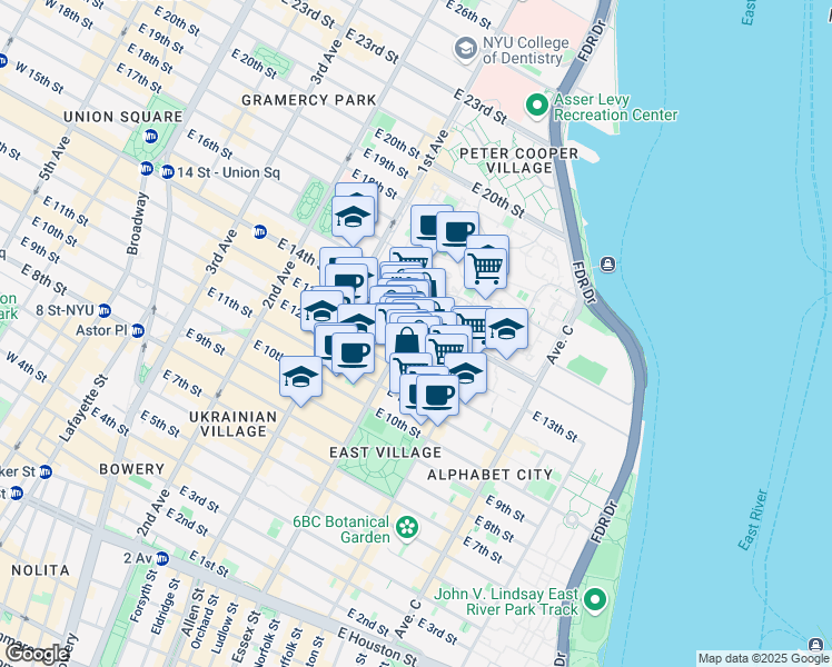 map of restaurants, bars, coffee shops, grocery stores, and more near 206 Avenue A in New York