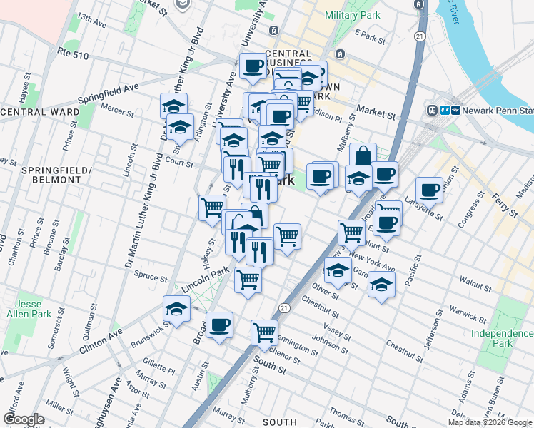 map of restaurants, bars, coffee shops, grocery stores, and more near 986 Broad Street in Newark
