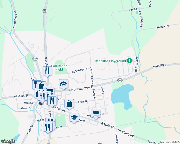 map of restaurants, bars, coffee shops, grocery stores, and more near 222 Christmas Avenue in Bath