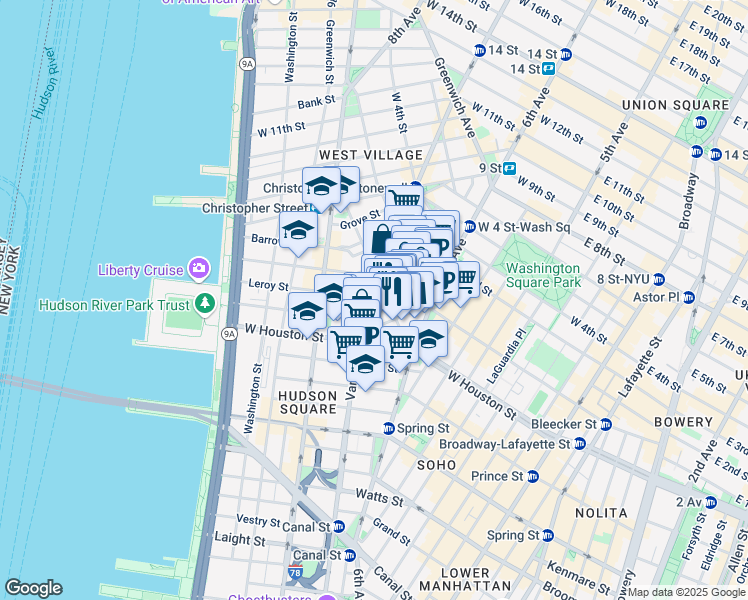 map of restaurants, bars, coffee shops, grocery stores, and more near 11 7th Avenue South in New York