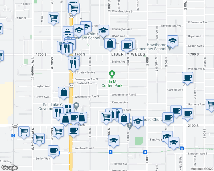 map of restaurants, bars, coffee shops, grocery stores, and more near 1840 300 East in South Salt Lake