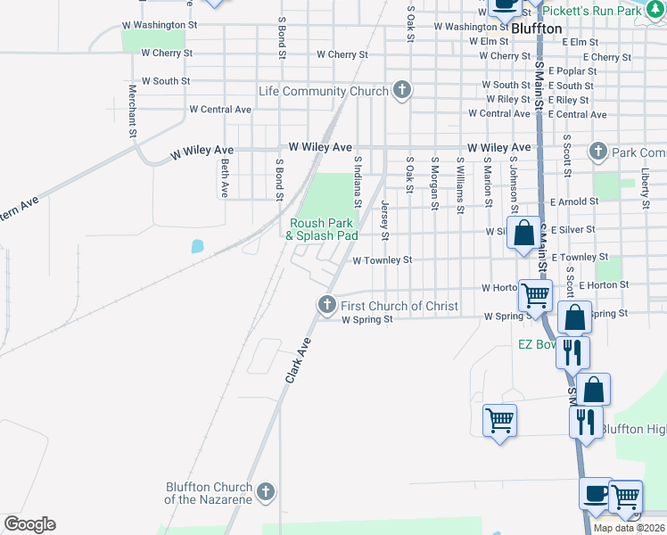 map of restaurants, bars, coffee shops, grocery stores, and more near 1004 Clark Avenue in Bluffton