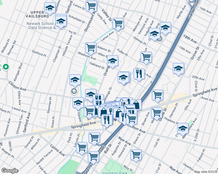 map of restaurants, bars, coffee shops, grocery stores, and more near 56 Cummings Street in Irvington