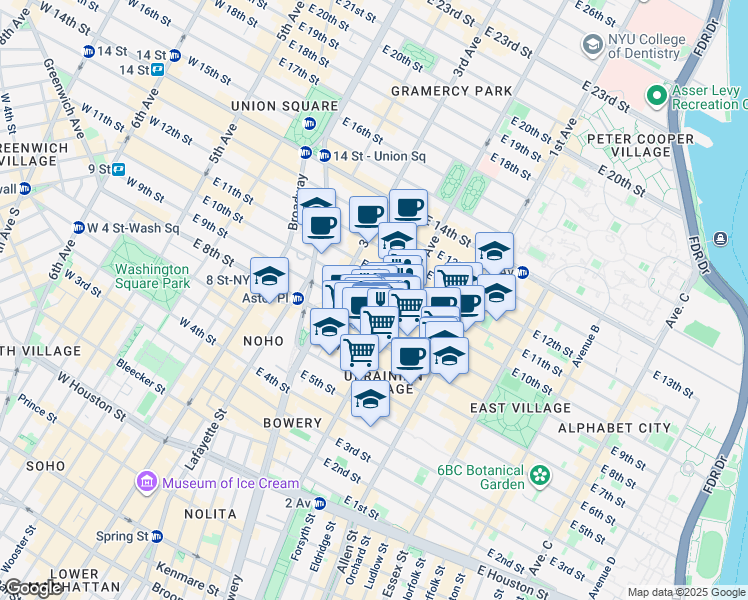 map of restaurants, bars, coffee shops, grocery stores, and more near Stuyvesant Street in New York