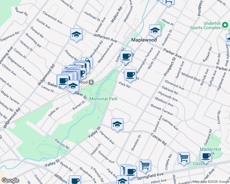 map of restaurants, bars, coffee shops, grocery stores, and more near 588 Valley Street in Maplewood