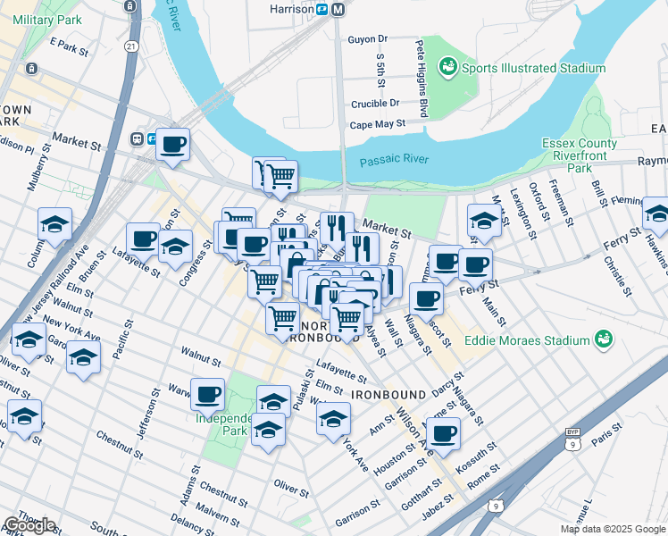 map of restaurants, bars, coffee shops, grocery stores, and more near 99 Polk Street in Newark