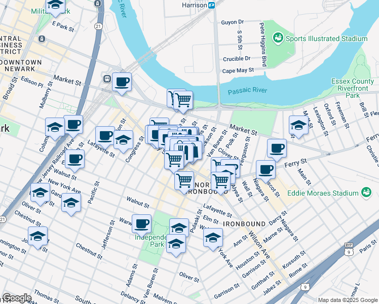 map of restaurants, bars, coffee shops, grocery stores, and more near 66-70 Adams Street in Newark