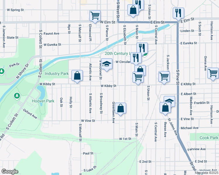 map of restaurants, bars, coffee shops, grocery stores, and more near 315 West Kibby Street in Lima