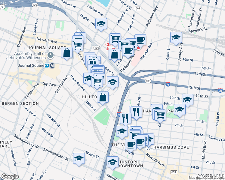 map of restaurants, bars, coffee shops, grocery stores, and more near 2 Palisade Avenue in Jersey City
