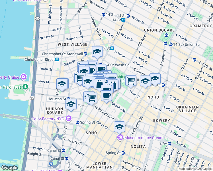 map of restaurants, bars, coffee shops, grocery stores, and more near 240 Sullivan Street in New York