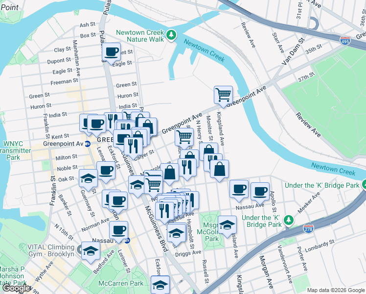 map of restaurants, bars, coffee shops, grocery stores, and more near 810 Humboldt Street in Brooklyn