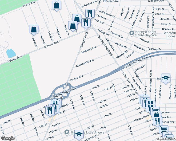 map of restaurants, bars, coffee shops, grocery stores, and more near 101 Gordon Avenue in West Babylon