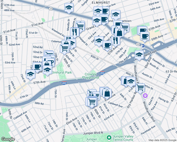 map of restaurants, bars, coffee shops, grocery stores, and more near in Queens