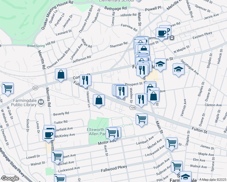 map of restaurants, bars, coffee shops, grocery stores, and more near in Farmingdale