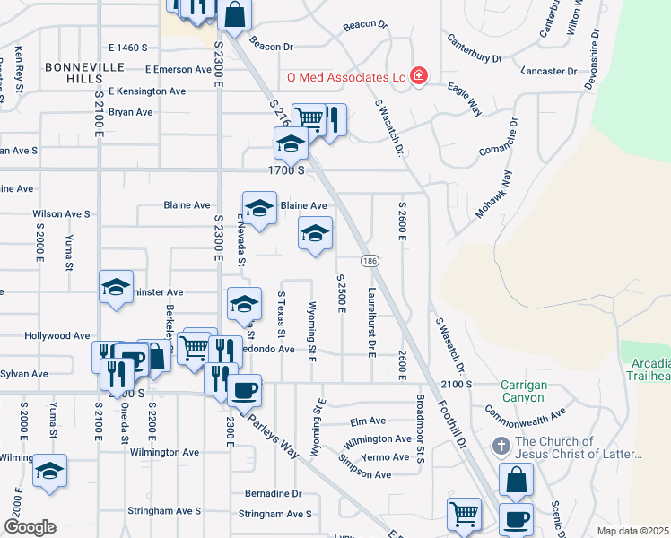 map of restaurants, bars, coffee shops, grocery stores, and more near 1877 South 2500 East in Salt Lake City