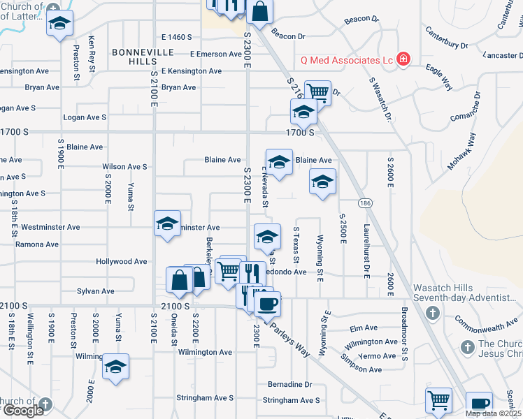 map of restaurants, bars, coffee shops, grocery stores, and more near 1875 East Nevada Street in Salt Lake City