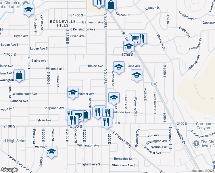map of restaurants, bars, coffee shops, grocery stores, and more near 1877 South 2300 East in Salt Lake City
