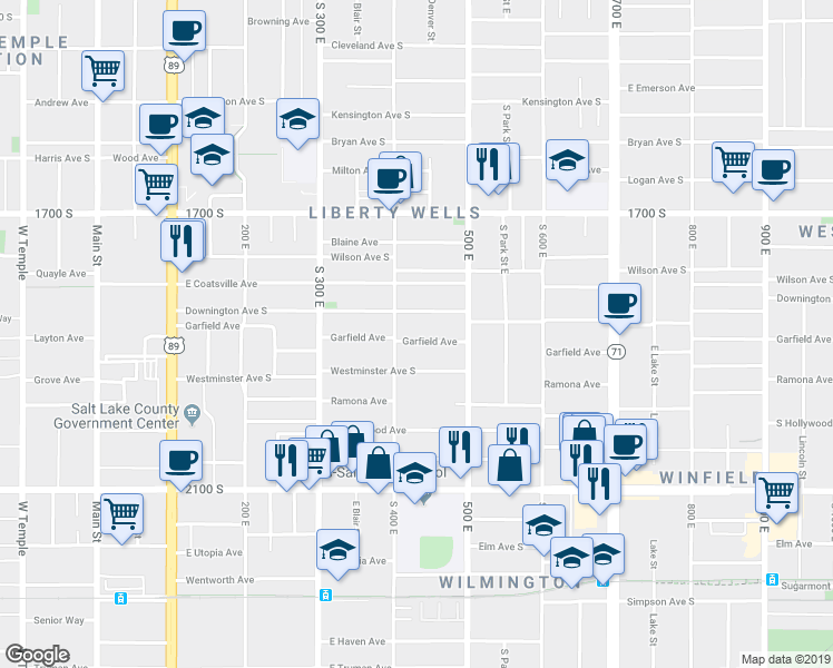 map of restaurants, bars, coffee shops, grocery stores, and more near 418 East Garfield Avenue in Salt Lake City