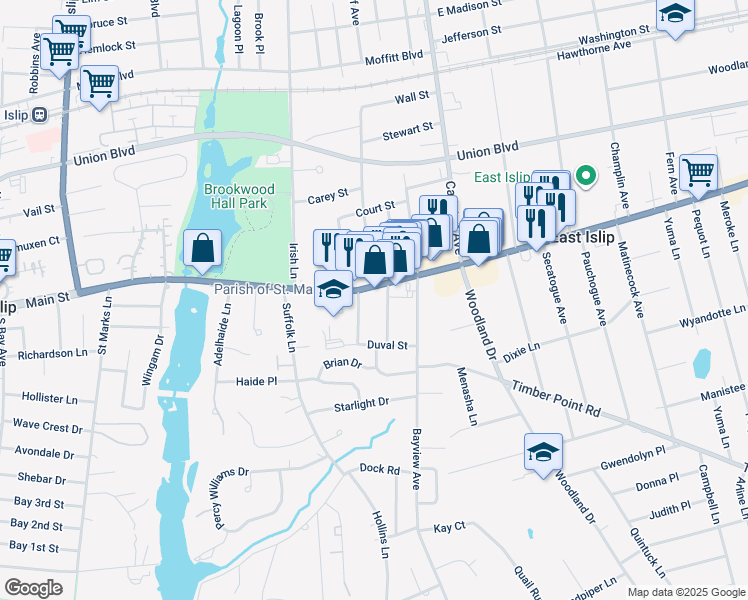 map of restaurants, bars, coffee shops, grocery stores, and more near 15 William Avenue in East Islip
