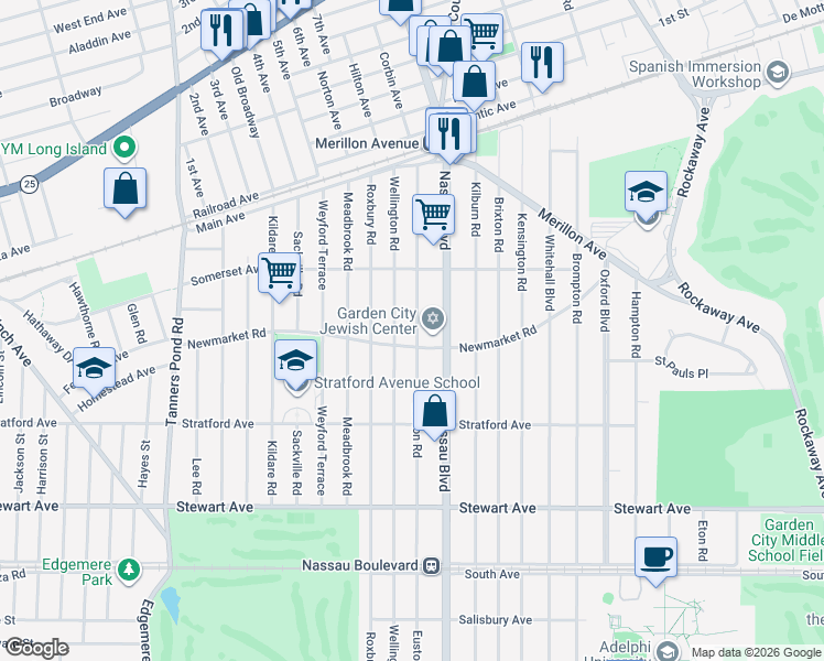 map of restaurants, bars, coffee shops, grocery stores, and more near 160 Euston Road in Garden City