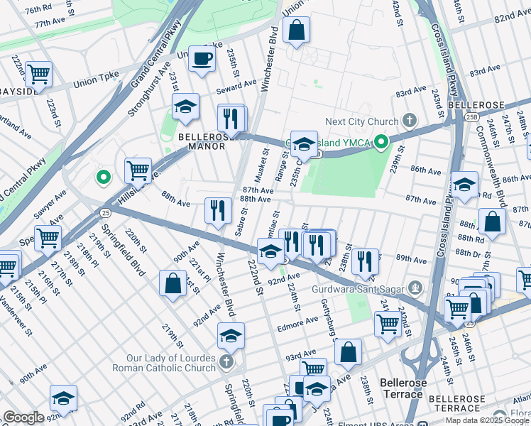 map of restaurants, bars, coffee shops, grocery stores, and more near 89-7 Pontiac Street in Queens