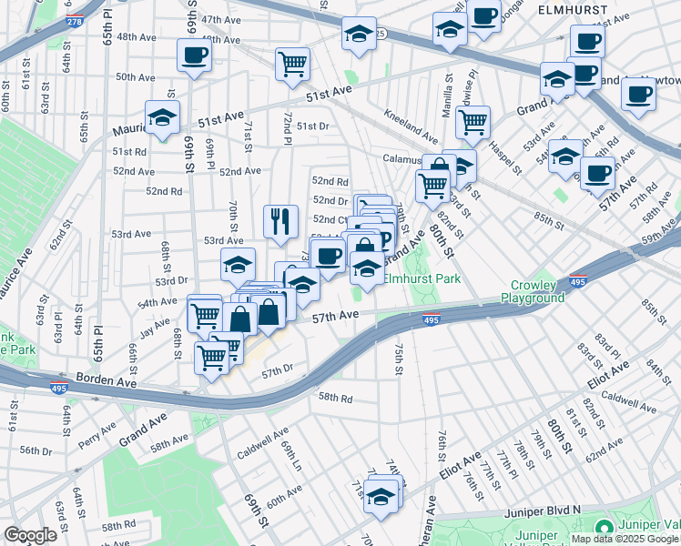 map of restaurants, bars, coffee shops, grocery stores, and more near 73-40 Grand Avenue in Queens