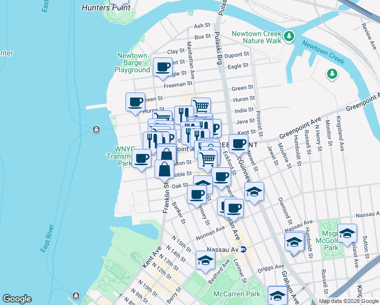 map of restaurants, bars, coffee shops, grocery stores, and more near 121 Milton Street in Brooklyn