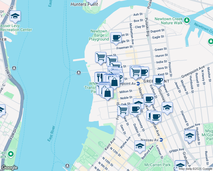 map of restaurants, bars, coffee shops, grocery stores, and more near 5658 Greenpoint Avenue in Brooklyn