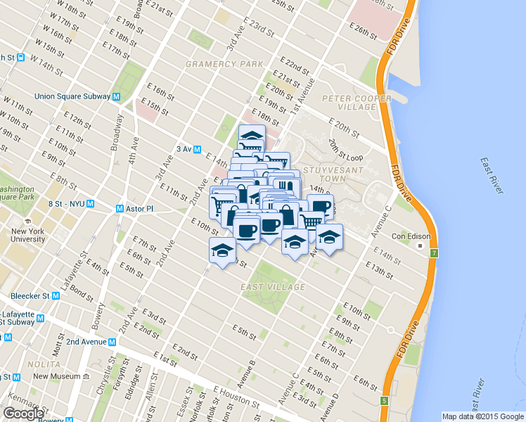 map of restaurants, bars, coffee shops, grocery stores, and more near 199 Avenue A in New York