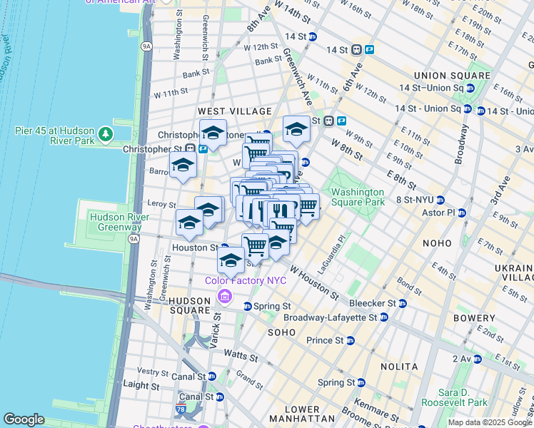 map of restaurants, bars, coffee shops, grocery stores, and more near 1 Minetta Street in New York