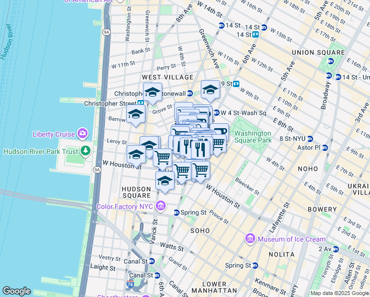 map of restaurants, bars, coffee shops, grocery stores, and more near 1 Minetta Street in New York