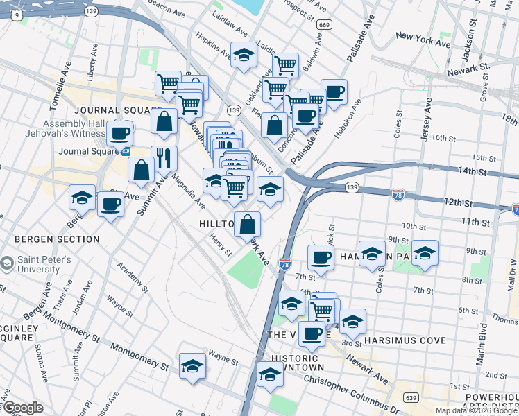 map of restaurants, bars, coffee shops, grocery stores, and more near in Jersey City