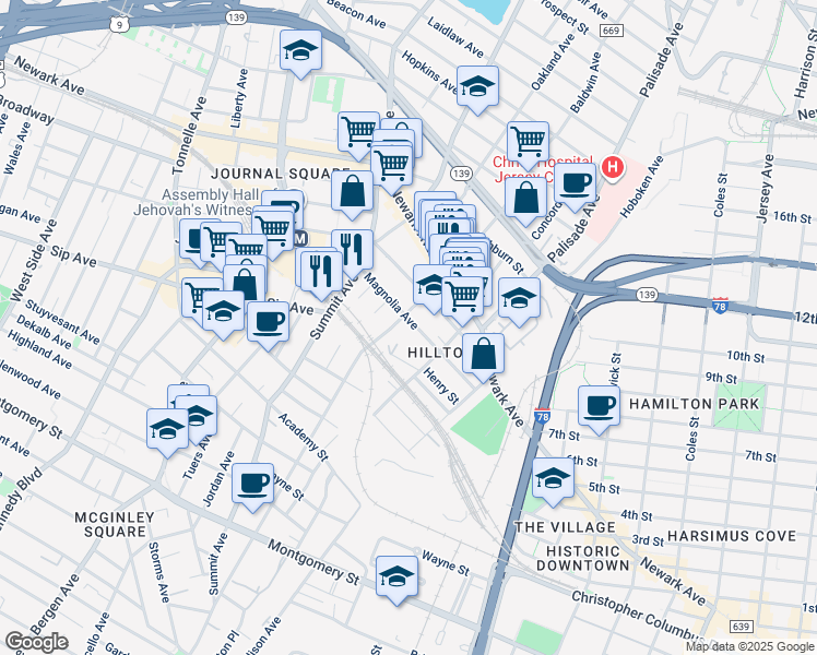 map of restaurants, bars, coffee shops, grocery stores, and more near 65 Magnolia Avenue in Jersey City