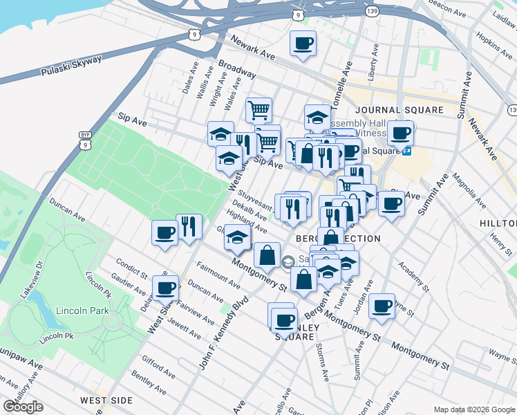 map of restaurants, bars, coffee shops, grocery stores, and more near 98 Dekalb Avenue in Jersey City