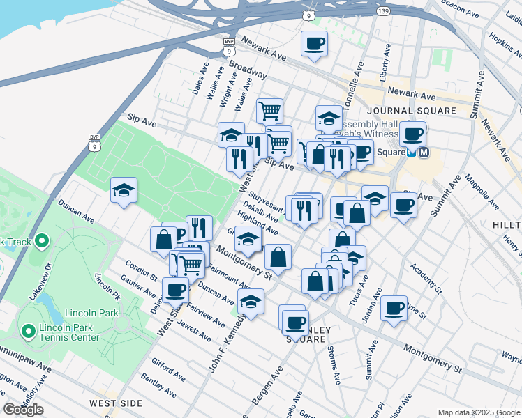 map of restaurants, bars, coffee shops, grocery stores, and more near 142 Highland Avenue in Jersey City
