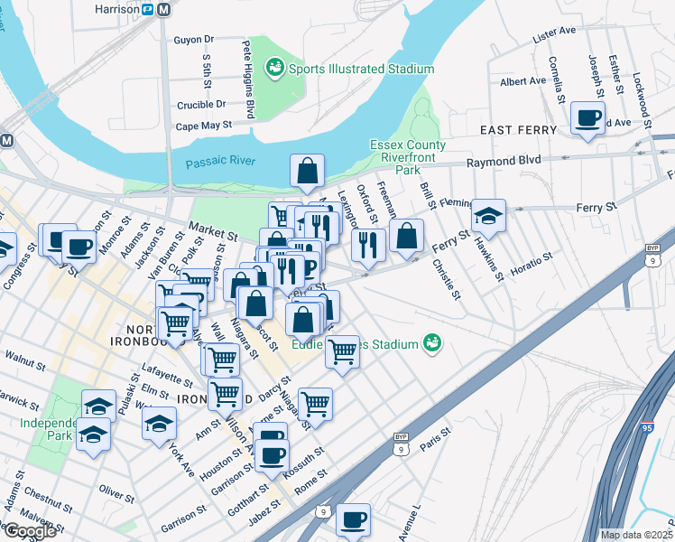 map of restaurants, bars, coffee shops, grocery stores, and more near 55 Ferry Street in Newark