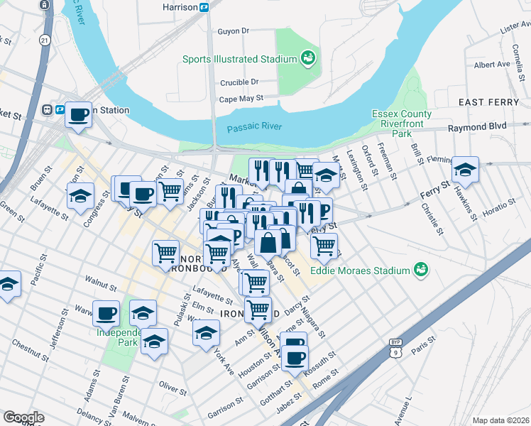 map of restaurants, bars, coffee shops, grocery stores, and more near 92 Chambers Street in Newark